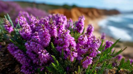 Obraz premium Cliff-top heath walk with purple heather in bloom, wind-swept cardigan, walking, heather, cliff, purple, bloom, coast, wind, nature, travel, romance, freedom, with copy space