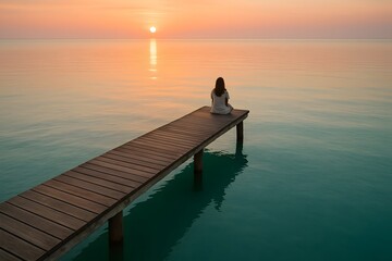 Cinematic aerial image of a woman sitting on a wooden pier at sunrise, symbolizing inner peace and mindfulness.