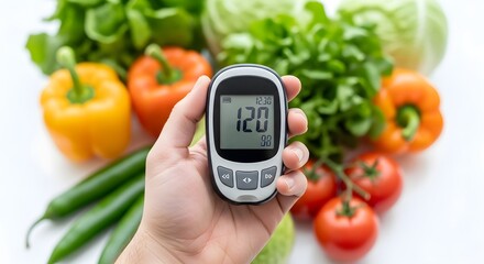 Monitoring blood glucose levels with a glucometer, surrounded by a vibrant selection of fresh, nutritious vegetables for a healthy diet and diabetes management