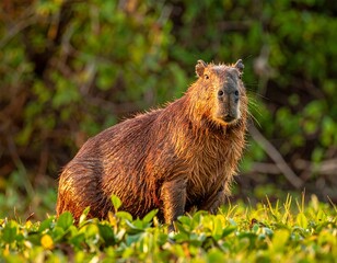 A Capybara sits in shallow water and looks toward the camera, in a sunlit natural environment