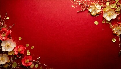 Red and gold washi paper background with plum blossoms and scattered gold leaf, elegant Japanese celebration design