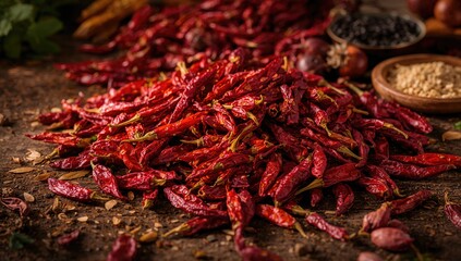 Fototapeta premium A heap of dried red chilies forming a vibrant culinary backdrop