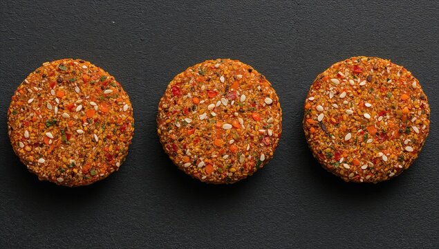 Plant-based burgers with carrots, millet, seeds, and herbs on a dark surface, overhead shot. Concept of nutritious eating, food, wellness, dark backdrop, vegan
