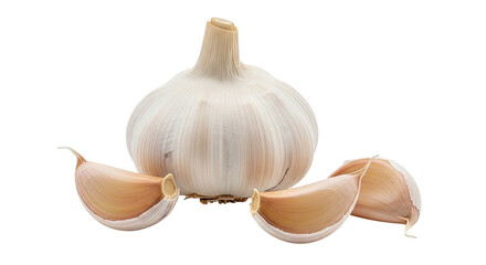A head of garlic with three cloves set against a black backdrop