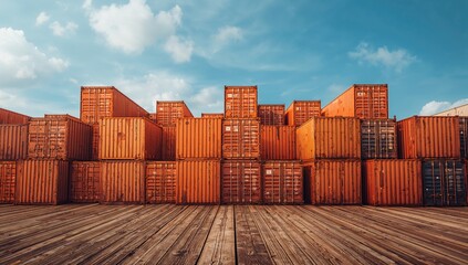 Fototapeta premium Sky and orange shipping containers with space for text