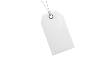 Blank white price tag with a string and metal ring, isolated on transparent background, ready for custom text or branding