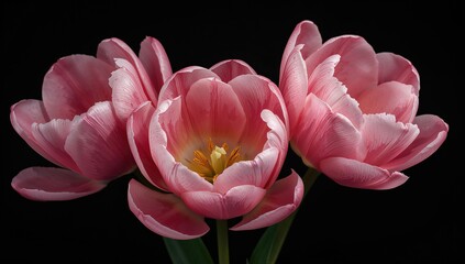 Obraz premium Large pink and white tulip blossoms against a black backdrop.
