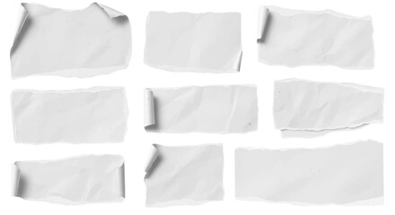 Obraz premium Realistic torn white paper pieces set with ripped edges, curled corners, isolated on transparent background