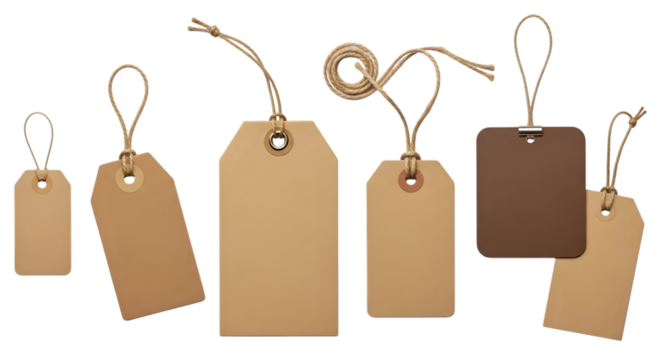 Collection of various blank brown paper gift tags and price tags with string, isolated on transparent background - Powered by Adobe
