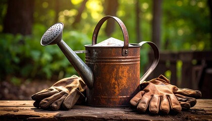 Rustic watering can and gardening gloves on wooden surface