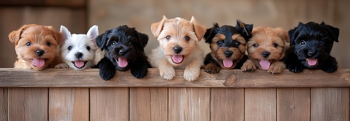Seven adorable small fluffy puppies of different colors are sitting in a row on a wooden surface, looking at the camera with happy expressions