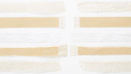 Collection of different clear adhesive tape strips on a white surface