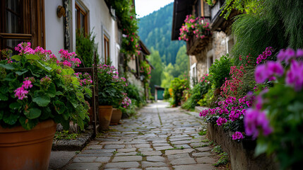 Naklejka premium Alpine village lane, geranium balconies, cobbles underfoot, bell chime, walking, village, alpine, cobblestone, travel, architecture, charm, Europe, tourism, slow travel, with copy 