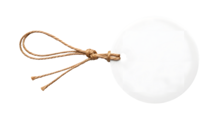 A round white tag with a jute string tied to it, isolated on transparent background