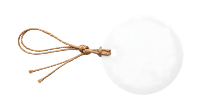 A round white tag with a jute string tied to it, isolated on transparent background