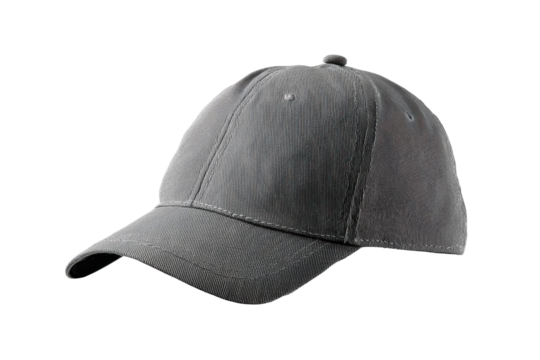 Gray baseball cap with stitched details isolated on black background headwear, Isolated On Transparent Background, Png Cut Out - Powered by Adobe