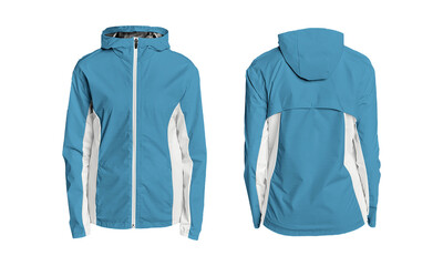 Modern blue hooded windbreaker jacket front and back