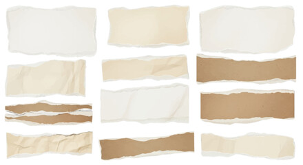 Obraz premium Realistic torn paper pieces set with white and brown ripped edges, vintage paper texture, curled corners, isolated on transparent background