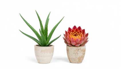 Obraz premium Potted aloe and flowering plant isolated on white background