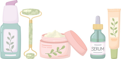 Set of skincare products isolated on white background. Face cream, cosmetic serum bottle, eye cream tube, green jade roller and facial cleansing.	