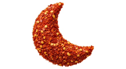 Crescentshaped food item covered in red pepper flakes and seeds