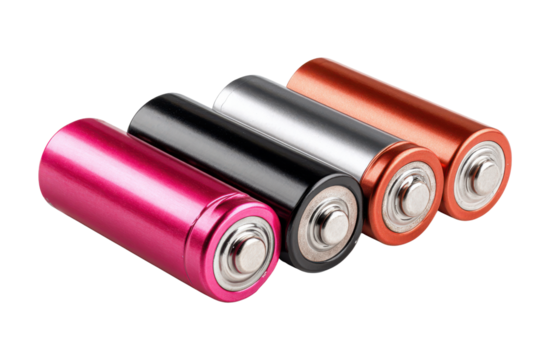 Four colorful A batteries lined up against a black background battery power, Isolated On Transparent Background, Png Cut Out