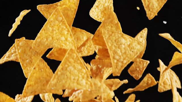 Crispy tortilla chips falling with salt black background