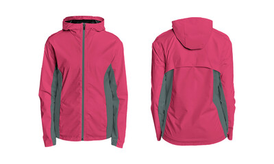 Vibrant pink hooded jacket, front and back view. © resource image