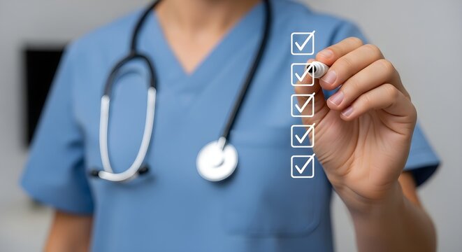 Dedicated Medical Professional Marking a Virtual Checklist to Ensure Quality, Compliance, and Comprehensive Task Completion in Healthcare Settings