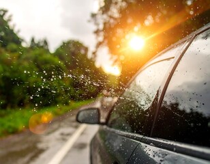 A car drives on a wet road, water splashing, lens flare, trees in background, and a bright sun