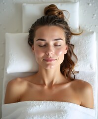 Naklejka premium Serene woman enjoying a spa treatment with closed eyes, lying on a soft white pillow, wrapped in a towel, and relaxing in a tranquil atmosphere
