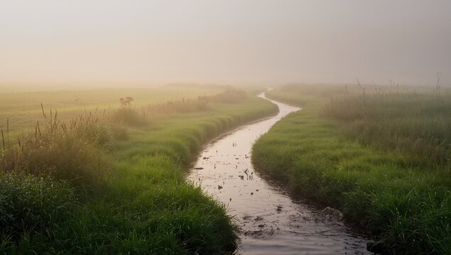Foggy dawn over a flowing creek in the meadow