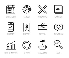 広告運用＆Webマーケティングのラインアイコンセット｜SEO・ターゲット分析・広告運用・データ解析に使えるシンプルなビジネスアイコン集｜Web Marketing Line Icon Set for SEO, Advertising, and Data Analytics