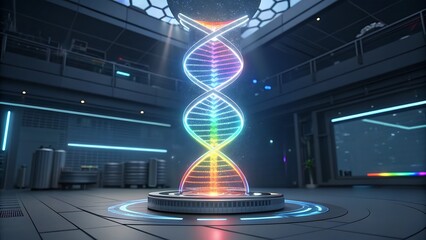 Glowing Digital DNA Helix Floating in a Futuristic Laboratory