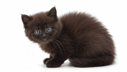 Obraz premium Tiny dark British Shorthair catlet on a plain white backdrop, infant, solo, light background, pet, ebony, juvenile, adorable, amusing