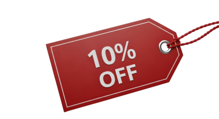 Red discount tag with 10 off text and string, isolated on transparent background