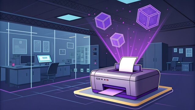 Holographic printer printing 3D objects in a futuristic office