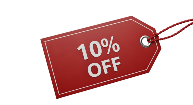 Red discount tag with 10 off text and string, isolated on transparent background