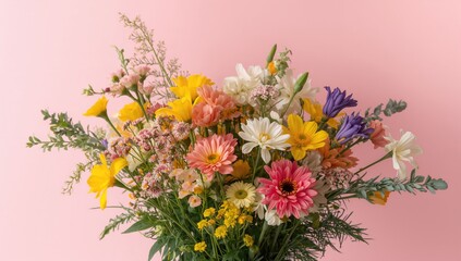 Spring floral arrangement against a pink backdrop