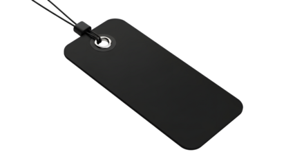 A blank black rectangular tag with a string and metal grommet, isolated on a transparent background