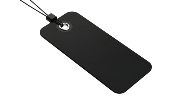 A blank black rectangular tag with a string and metal grommet, isolated on a transparent background