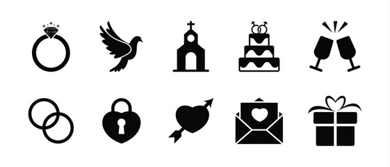 Wedding and Love Icon Set in Black Silhouette Style