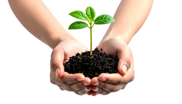 Cupped hands hold dark soil with a small plant growing out of it, set against a plain black background