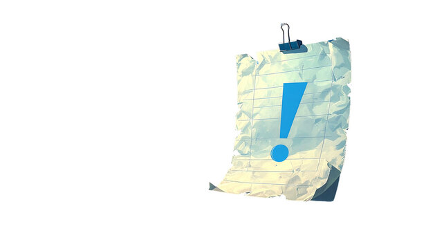 Crumpled paper with an exclamation mark hanging on a clip against a black background, illuminated