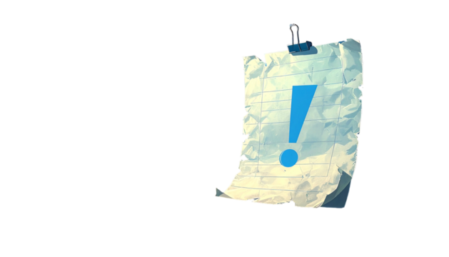 Crumpled paper with an exclamation mark hanging on a clip against a black background, illuminated