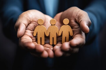 Human Figure in the Embrace:  a pair of hands cradles three wooden human figures, symbolizing unity, support, and a shared bond.