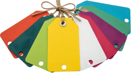 A fanned out collection of colorful blank gift tags, isolated on transparent background