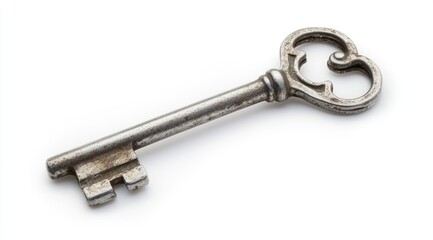 Antique key, weathered silver, isolated