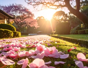 朝日を浴びる日本庭園とピンクの花びら