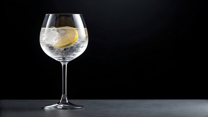 Clear Refreshing Gin And Tonic Drink With Ice Cubes And Lemon Slice In Wine Glass On Dark Background